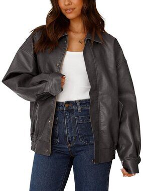 Women's Faux Leather Motorcycle Jacket Oversized Zip Up Winter Outerwear Grey